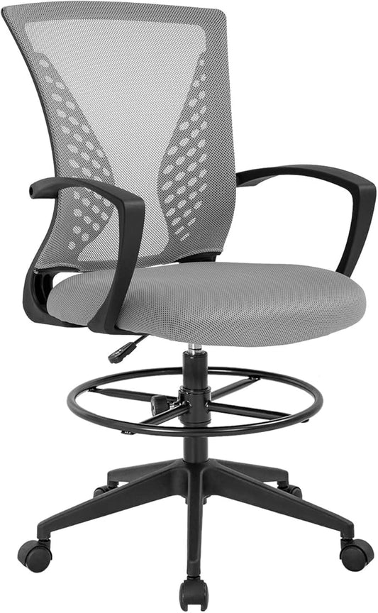 Drafting Chair Tall Office Chair Standing Desk Chair Adjustable Height with Arms Foot Rest Back Support Rolling Swivel Desk Chair Mesh Drafting Stool for Adults-DeskLoop Office