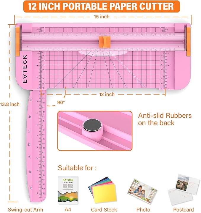Evteck Paper Cutter 12 Inch Paper Trimmer Slider Crafting Scrapbooking Supplies for A4 Vinyl Photo Cardstock with Security Blade and Foldable Ruler-DeskLoop Office