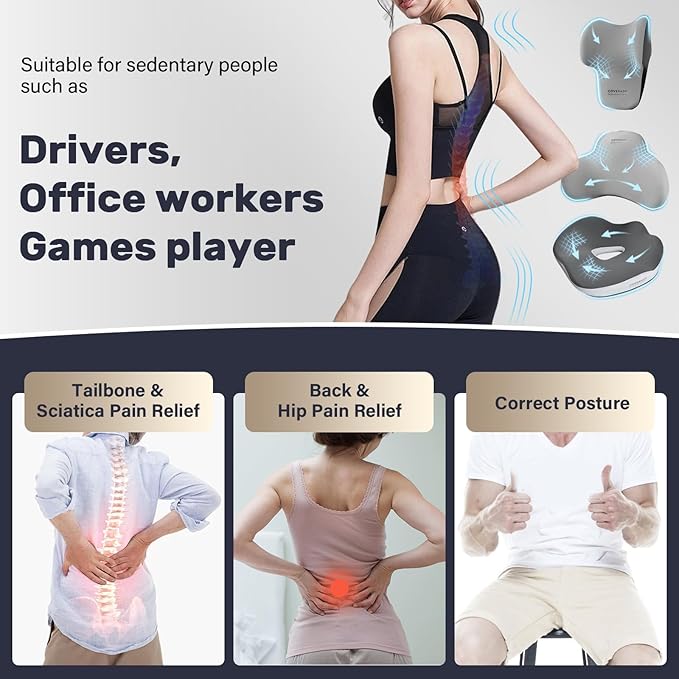 Coverado Seat Cushion and Lumbar Support Headrest Pillow for Car Office Chair, Ergonomic Memory Foam Chair Cushion Back Neck Support Pillow, Sciatica & Back & Tailbone Pain Relief Cushion-Bgray-DeskLoop Office