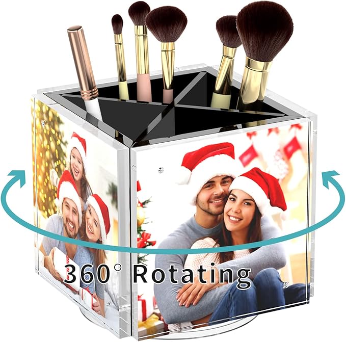 HIIMIEI Acrylic Rotating Pen Holder for Desk, Pencil Holder Picture Frame Holds 4 Family Photos of 4"x4", Desk Pen holder Organizer for Office, Classroom, Home, Kids (Black)-DeskLoop Office