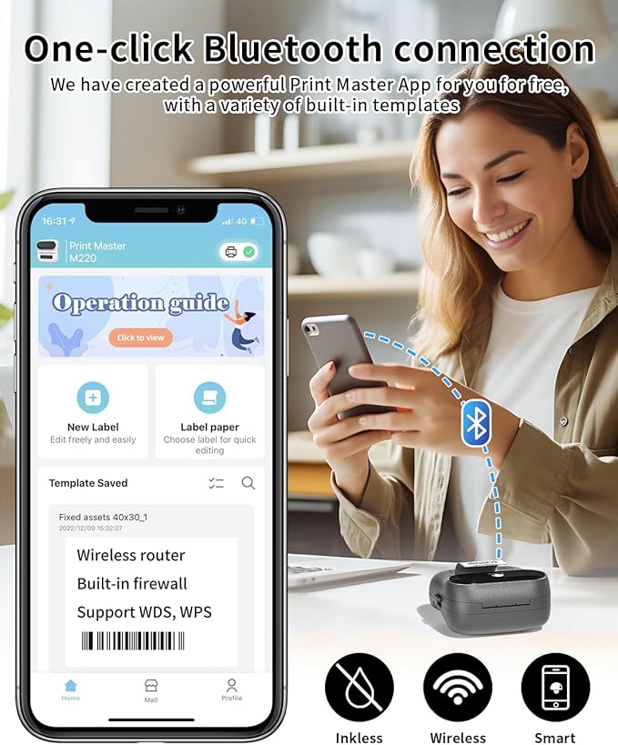 Phomemo M220 Label Maker, Bluetooth Barcode Label Printer, Thermal Sticker Maker Machine for Barcode, Address, Tag Labeling, Compatible with Phone & Laptop-DeskLoop Office