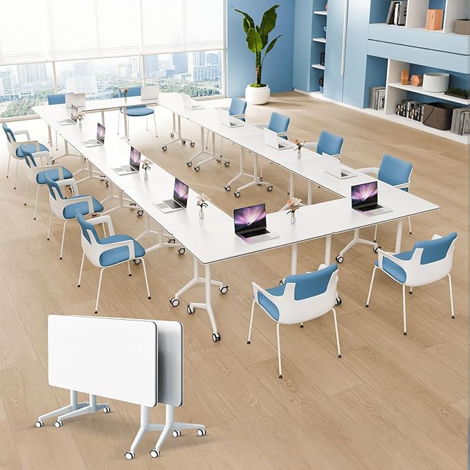 2Pack Folding Conference Room Table, Modern Conference Tables with Silent Wheels, Large Rectangular Mobile Training Tables for Office Classroom, Foldable Modular Seminar Table White (L63in)-DeskLoop Office