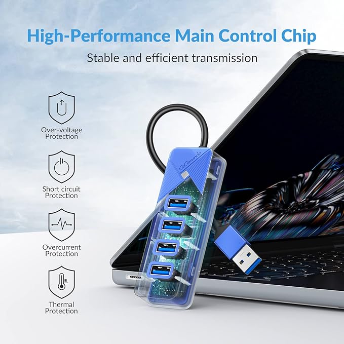 4 Port USB 3.0 Hub, 5Gbps Multi Ports USB Splitter USB Expander for Laptop, Computer, PC, PS4, Xbox, Printer, Keyboard, Mouse, Compatible with Windows, Mac OS, Linux (Blue, 15cm)-DeskLoop Office