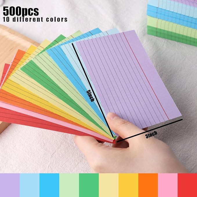 Koogel 500PCS Index Cards 3x5, Colored Lined Ruled Flash Cards - Image 4