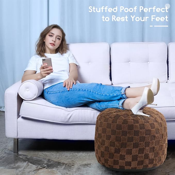 HIGOGOGO Round Stuffed Pouf Ottoman, Plaid Poufs - Image 6