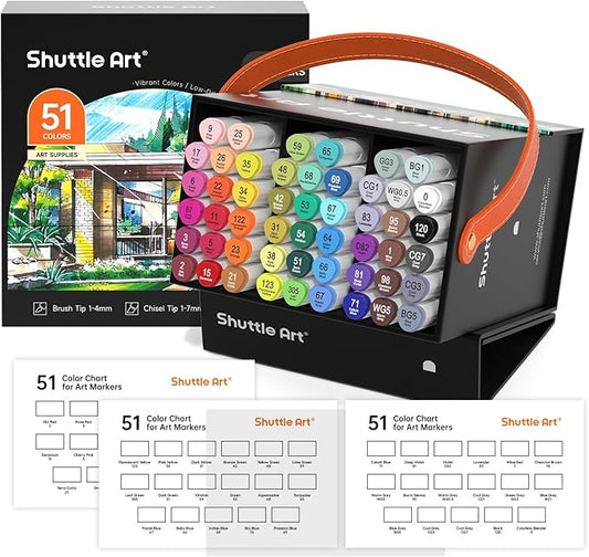 Shuttle Art Alcohol Markers Brush tip, Dual Tip Brush & Chisel Tip Art Marker Set, 50 Colors plus 1 Blender Permanent Marker Pens with Case Perfect for Illustration Students Adults Coloring-DeskLoop Office