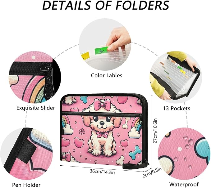 Expanding File Folder Pink Bow Dog Bone Rainbow Accordion File Organizer 13 - Image 4