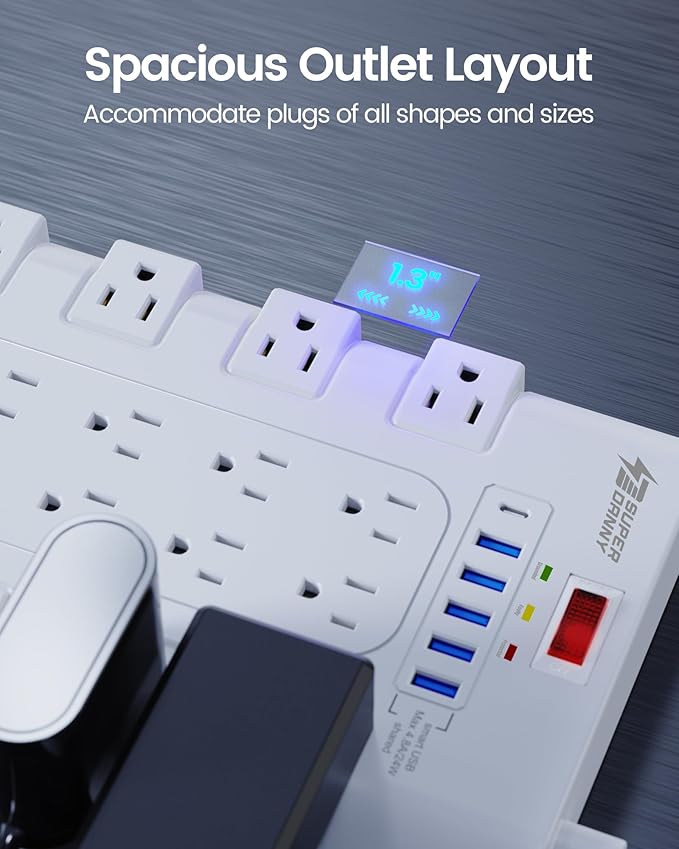 10Ft Extension Cord with Multiple Outlets, SUPERDANNY Surge Protector Power Strip (1875W/15A), 22 AC Outlets and 6 USB Charging Ports, Wall Mountable for Home, Office, Gaming Room, 2100 Joules, White-DeskLoop Office