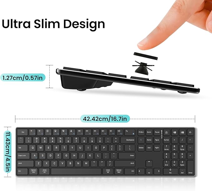 2.4G Wireless and Bluetooth Keyboard with Numeric Keypad, Multi-Device, Rechargeable, Compatible with Mac, Windows (Black)-DeskLoop Office