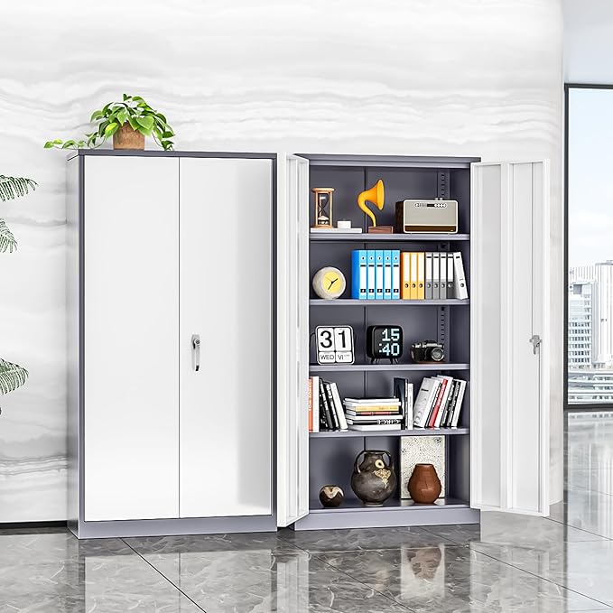 INTERGREAT Storage Cabinets with Doors and Shelves, 72“ Steel Tool Locking Cabinet, Metal Storage Cabinet for Home Office, Warehouse, School, Grey White-DeskLoop Office