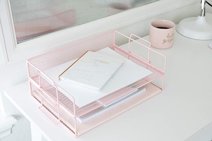 BLU MONACO | Paper Tray Stackable Pink Mesh Set of 2 | Stackable File Trays - Image 4