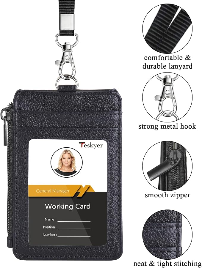 Teskyer ID Badge Holder with Lanyard, Lanyard Wallet, Lychee Black | 4-Card - Image 2