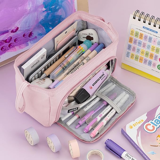 MAMUNU Pencil Case Pouch Large Capacity with Compartments, Pencil Case Pouch Bag with Zipper Handle for Teen Girls Adults Women, Portable Pen Bag Stationery Organizer for Office School Travel, Pink-DeskLoop Office