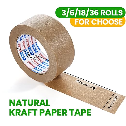 ADHES Kraft Paper Tape, 2 Inch x 60 Yards x 6 Rolls, Biodegradable Paper Packing Tape Writable & Uncoated Brown Shipping Tape for Shipping, Moving, Sealing-DeskLoop Office