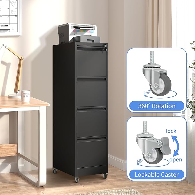 4 Drawer Mobile File Cabinet, Filing Cabinet Home Office for Letter, Legal Size, Black-DeskLoop Office