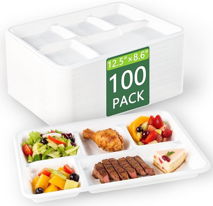 WELLIFE 100% Compostable 5 Compartment Paper Plates, 100 Pack Disposable School by WELLIFE