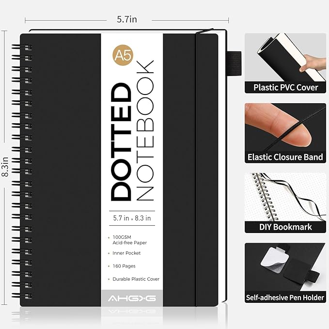 AHGXG Bullet Dotted Journal - Dot Grid Spiral Notebook A5, 160 Pages, 100 GSM Thick Paper, Waterproof Plastic Cover Journals for Bullet Journaling, Sketching, 5.7" x 8.3", Black-DeskLoop Office