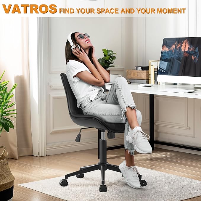 Office Chair, Armless Desk Chair with Wheels, Ergonomic Comfy Home Office Computer Task Chairs, Faux Leather Padded Cute Vanity Chair, Adjustable Height Swivel Chair with Back,Black
