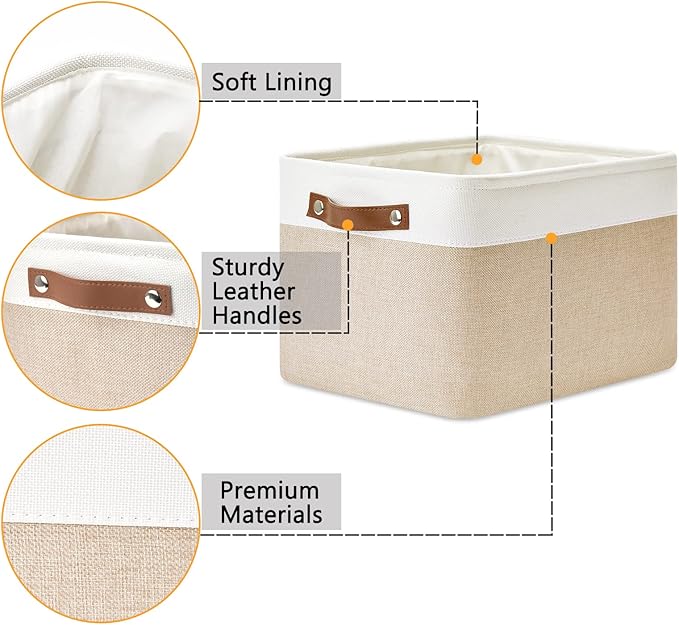 DULLEMELO Fabric Storage Bins for Laundry, Home, Foldable Storage Baskets for Shelves, Toys, Collapsible Storage Bins for Office, Closet,Bedroom(White&Khaki,15"x11"x9.5",4-Pack)-DeskLoop Office