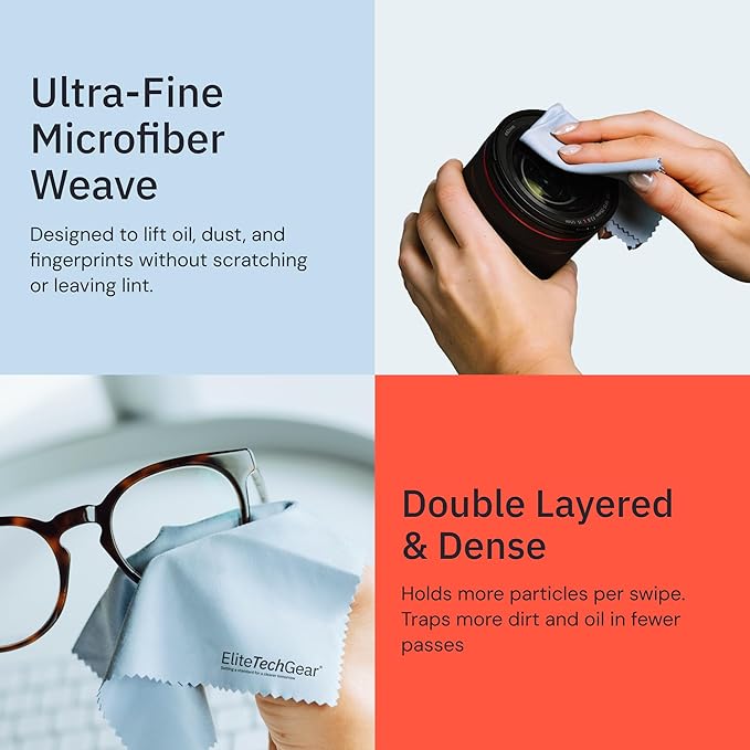 Elite Tech Gear Microfiber Cleaning Cloth 12-Pack - 12"x12" Oversized, Washable & Durable for Glasses, Lenses, Electronics & Screens - High Tech Quality Material-DeskLoop Office