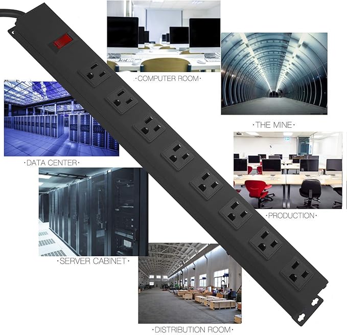 HHSOET Metal Wide Spaced Power Strip, 8 Outlets, Black, 1200J Surge Protector, 15A, 125V, 60Hz, 1875W-DeskLoop Office