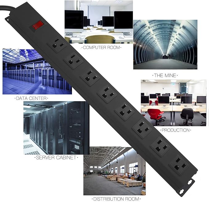HHSOET Metal 8 Outlet Mountable Power Strip, Wall Mount Outlet Heavy Duty, Wide Spaced Commercial Shop Power Strip with Switch, 15A 125V 1875W, 6 FT SJT 14AWG Power Cord.(Black)-DeskLoop Office