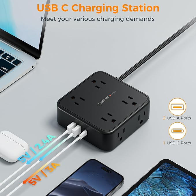 15 FT Extension Cord, TESSAN Ultra Thin Flat Plug Power Strip Surge Protector with 8 Outlets 3 USB Charger(1 USB C), 900J Surge Protection Charging Station for Home Office Dorm Room Essentials, Black-DeskLoop Office