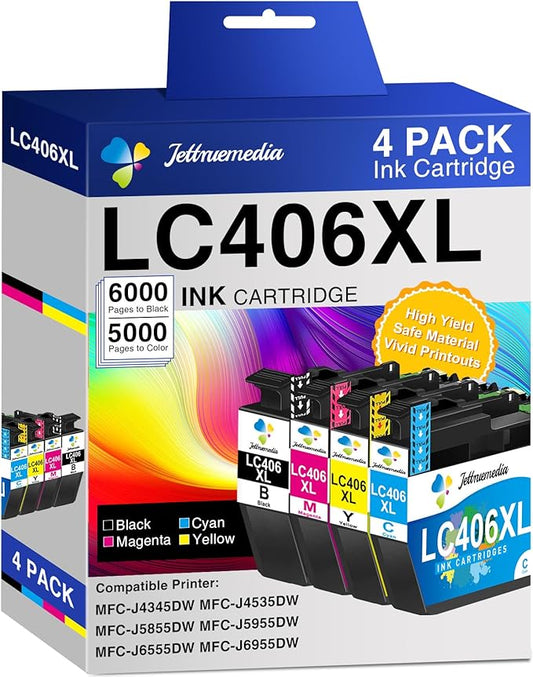 LC406XL Ink Cartridges Compatible with Brother LC406XL LC 406 XL High Yield Work with Brother MFC-J4335DW MFC-J4535DW MFC-J5855DW MFC-J6955DW MFC-J6555DW Printer (4 Pack, Black, Cyan, Magenta, Yellow)-DeskLoop Office