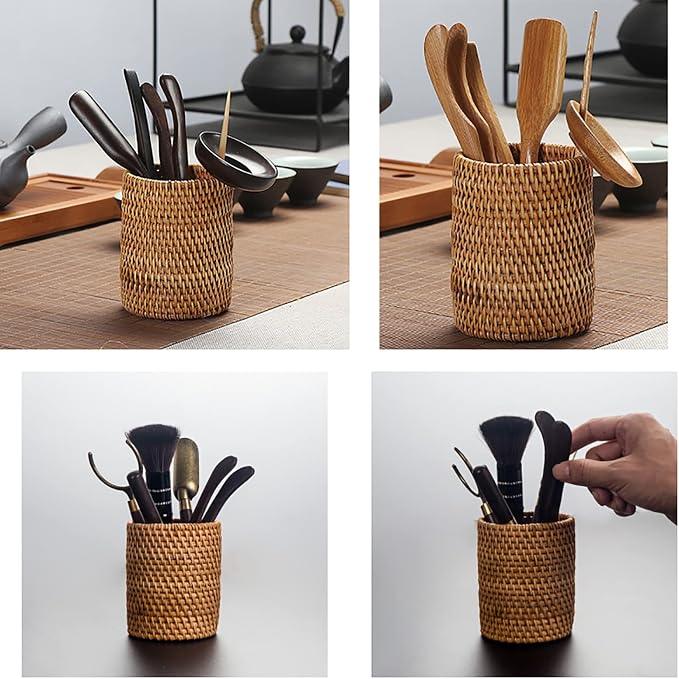Okllen 2 Pack Rattan Pencil Holder, Handmade Wicker Pen Cup Makeup Brushes - Image 8