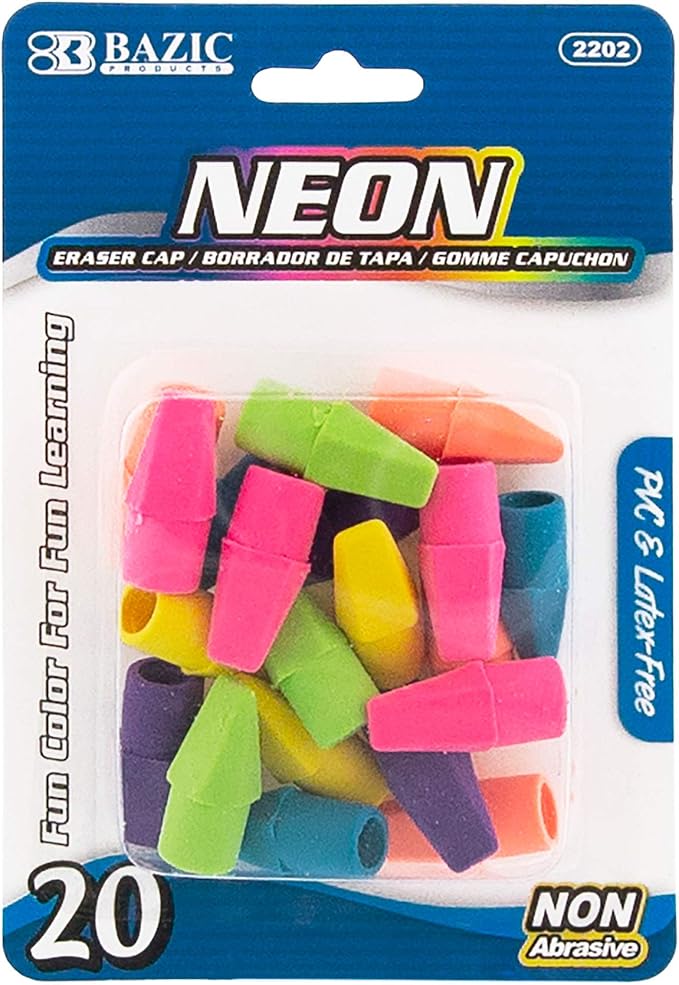BAZIC Products Neon Pencil-Top Eraser Caps, Latex-Free, 24-Box | non-abrasive by BAZICProducts