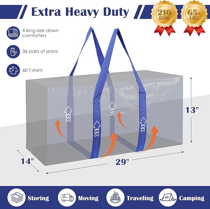 6 Pack Moving Bags with Full-Open Side Zipper, Extra Large 93L Heavy Duty - Image 2