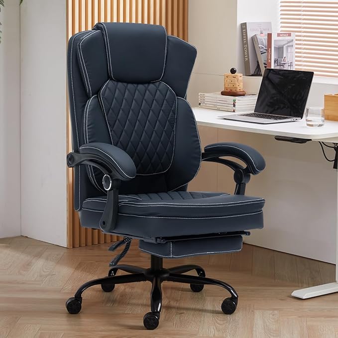 Ergonomic Office Chair with Foot Rest, Executive Chair with Footrest PU Leather Computer Chair, Big and Tall Chair Reclining Desk Chair, Thick Padded Coil Spring Seat, 400 lbs Capacity (Black)-DeskLoop Office