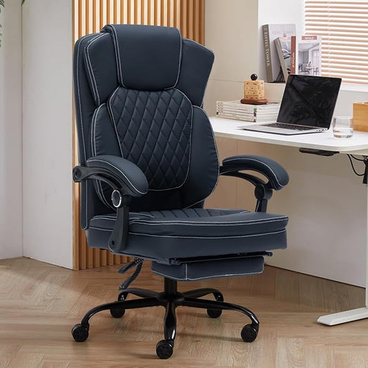 Ergonomic Office Chair with Foot Rest, Executive Chair with Footrest PU Leather Computer Chair, Big and Tall Chair Reclining Desk Chair, Thick Padded Coil Spring Seat, 400 lbs Capacity (Black)-DeskLoop Office
