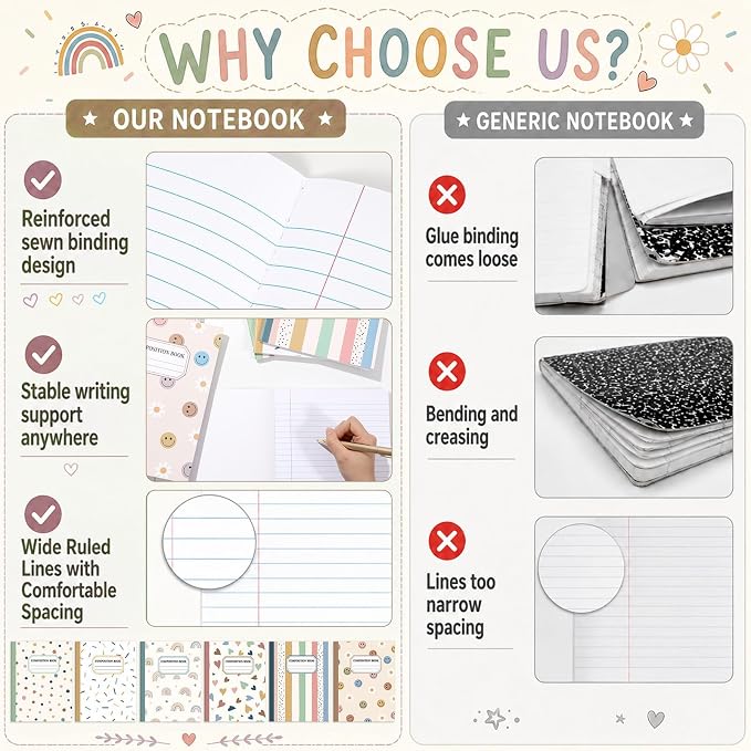 6 Pack Large Composition Notebooks Bulk 9.8 × 7.5 in Wide Ruled Hard Cover - Image 4