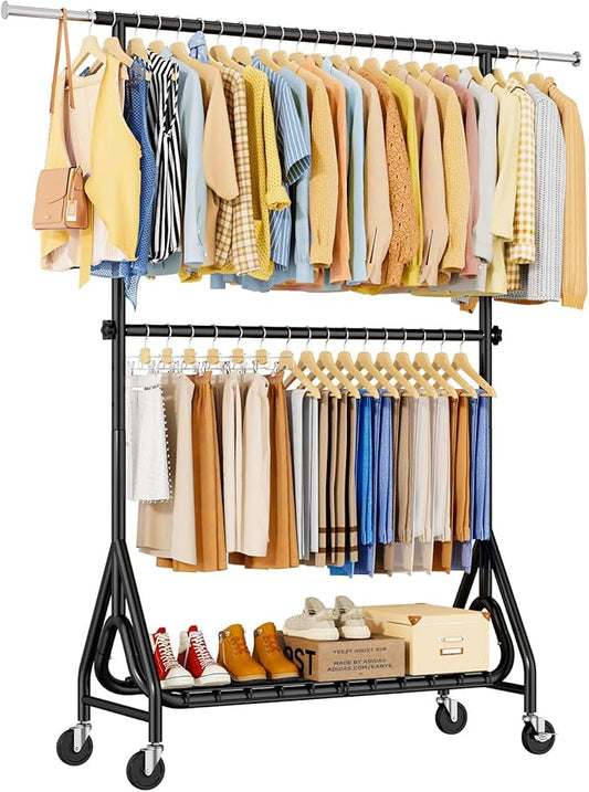 Heavy Duty Clothes Rack for Hanging Clothes, Double Rods Clothing Rack with Lockable Wheels, Rolling Garment Racks with Shelf, Easy to Assemble, Black-DeskLoop Office