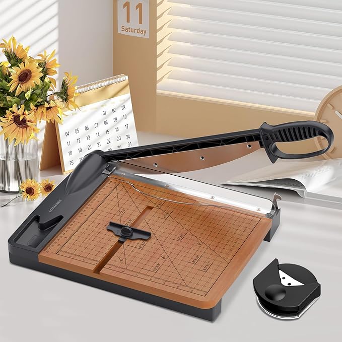 12'' Wood Guillotine Paper Cutter, Heavy Duty Wood Base Paper Trimmer with 32 Sheets Capacity Paper Cutting Board for Classroom, Crafting, Cardstock, Art Projects-DeskLoop Office