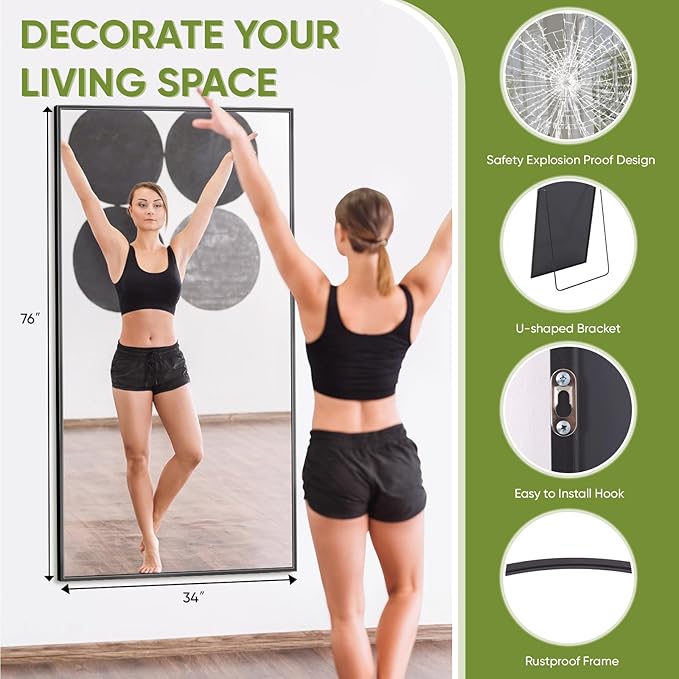 Full-Length Floor Mirror with Stand, 76"x34" Rectangle Style Full Body Standing Mirror for Bedroom, Living Room, Gym, Dorm - Shatter-Resistant & Easy Assembly, Black-DeskLoop Office