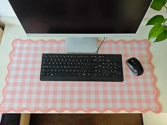 Scalloped‌ Pink Checkered Gingham Desk Mat Cute Pastel Large Mouse Pad Kawaii - Image 8
