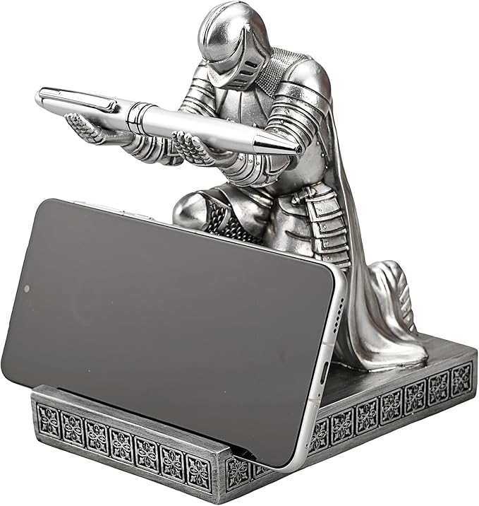 Windbreaker Soldier Knight Pen Holder Personalized Desk Accessory, Mobile Phone & Gaming Controller Holder, Device Stand Gift for Medieval Enthusiasts (Silver)-DeskLoop Office