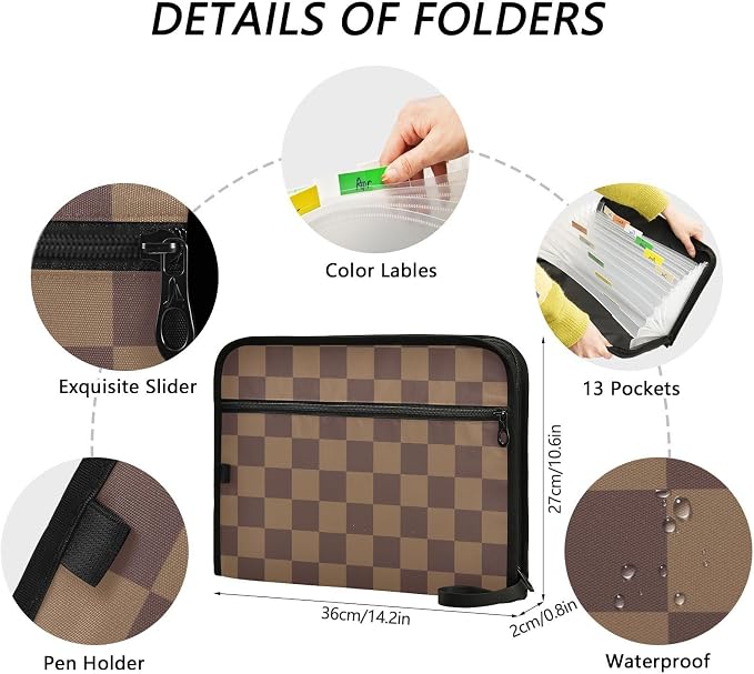 Expanding File Folder Brown Checkerboard Accordion File Organizer 13 Pockets - Image 4