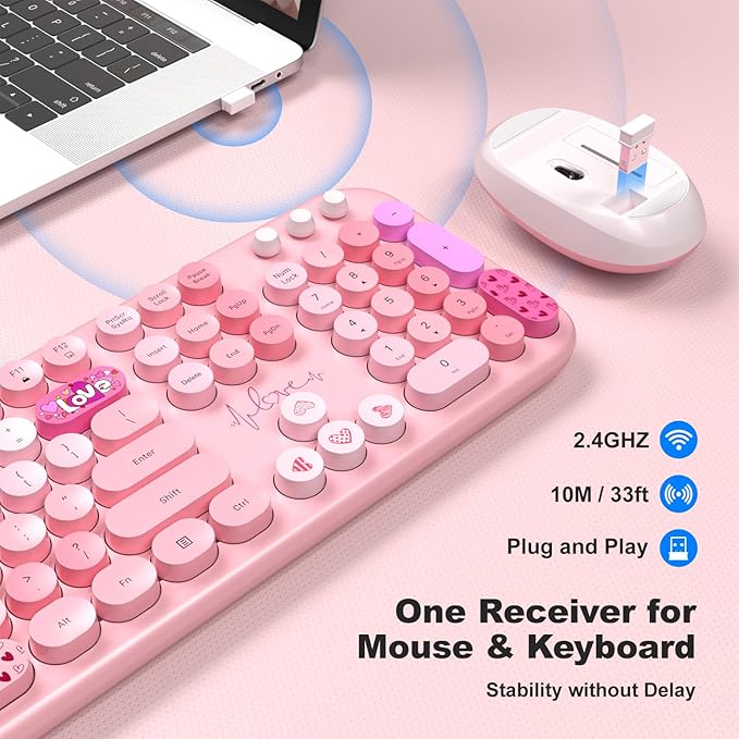 MOFII Wireless Keyboard and Mouse Combo, Full Size 2.4G Plug and Play Typewriter Retro Round Computer Keyboard and Mouse Set for Windows, Computer, Desktop, PC, Notebook - (Pink Colorful)-DeskLoop Office