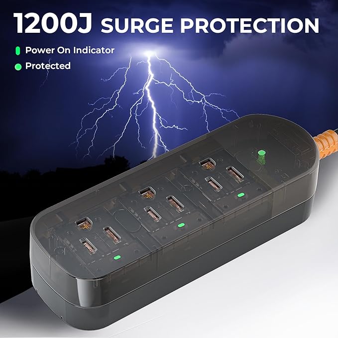 Power Strip Weatherproof, Transparent Surge Protector with 3 Wide Outlets, 1625W/13A,5FT Flat Plug Multi-Plug Outdoor Extension Cord for Indoor Outdoor, UL FCC Listed-DeskLoop Office