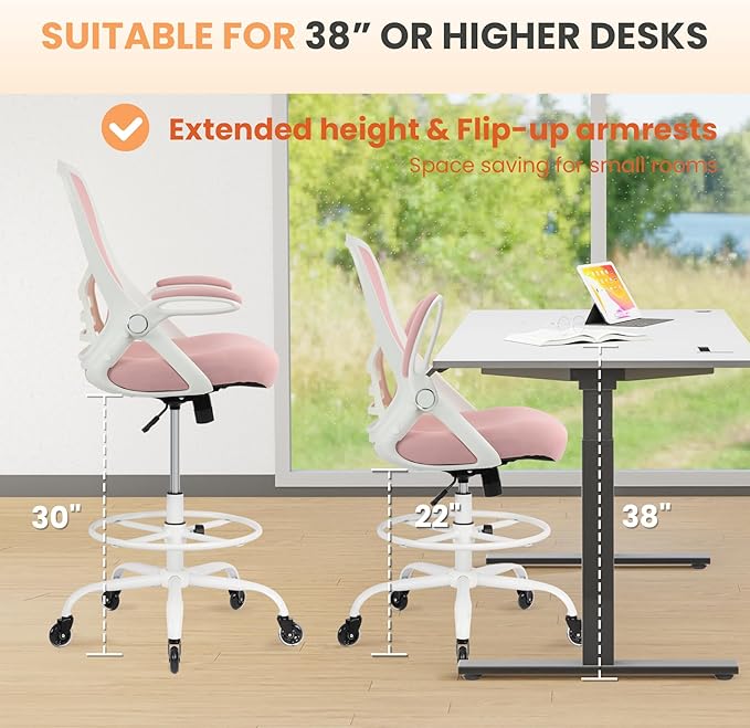 HYLONE Drafting Chair Tall Office, Ergonomic Standing Desk Stool Adjustable Drafting Chair Big Tall Drafting Office Chair Pink-DeskLoop Office