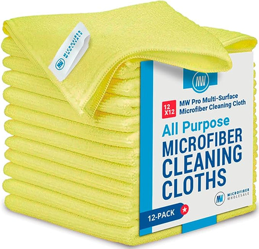 12" x 12" MW Pro Multi-Surface Microfiber Cleaning Cloths | Yellow - 12 Pack | Premium Microfiber Towels for Cleaning Glass, Kitchens, Bathrooms, Automotive, Supplies & Products-DeskLoop Office