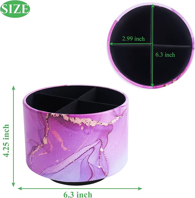 Round Leather Art Supply Organizer,Remote Control Holder,360-degree Rotating Pen Organizer with 4 Compartments(1-Purple Blue Splash Ink)-DeskLoop Office