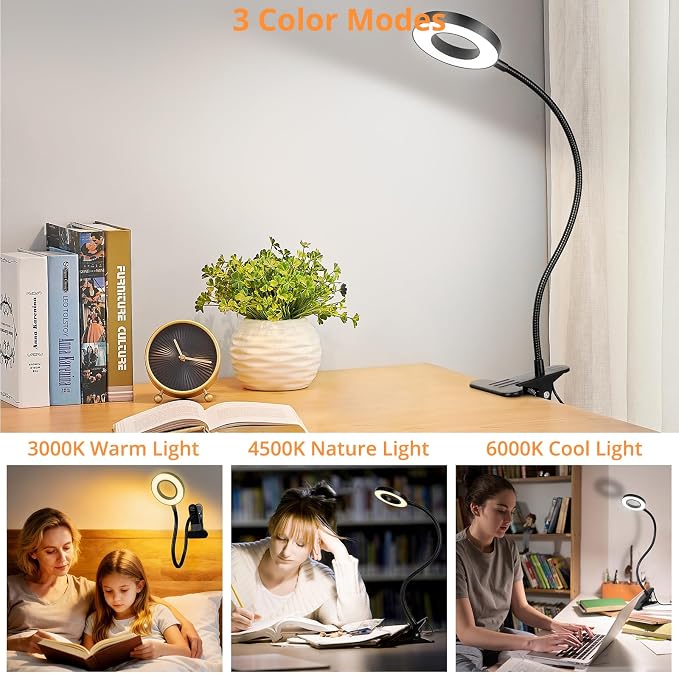Woputne Desk Lamp Clip Light, 10 Dimmable Brightness 3 Light Modes Reading Light - Image 2