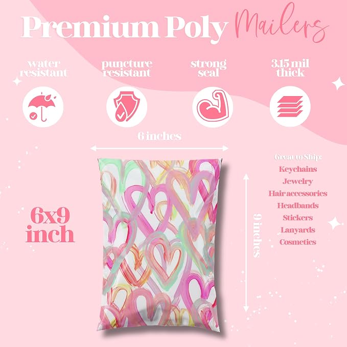Pretty Package Store Poly Mailer 6x9, 100 Pack, Happy Hearts | Heavy Duty - Image 3