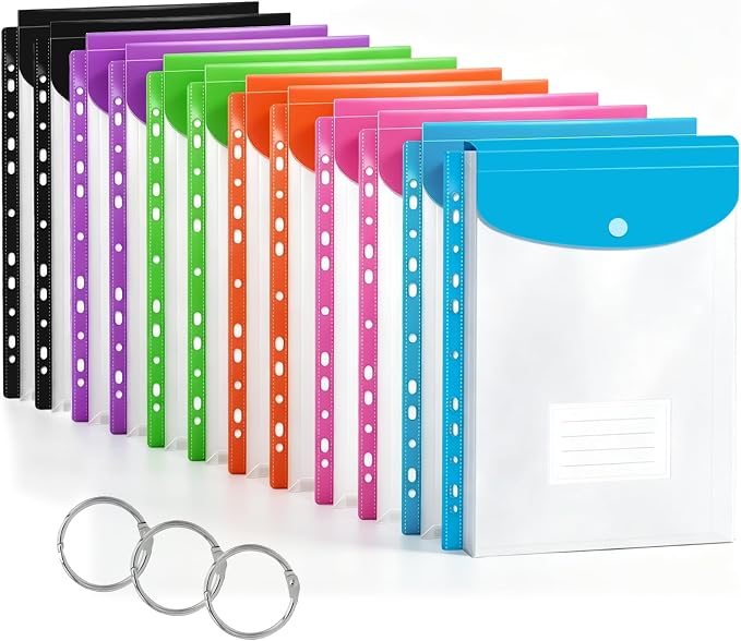12 Pack Plastic Envelopes Binder Pocket 11 Holes Expandable Binder Folders by Surcotto
