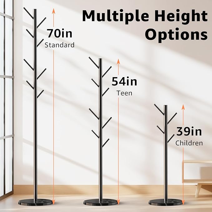 Coat Rack with Natural Marble Base, Metal Freestanding Coat Rack with 8 Hooks, 3 Adjustable Size Sturdy Coat Tree for Bags, Coats, and Hats for Entryway, Hallway, Bedroom, Office, Black-DeskLoop Office