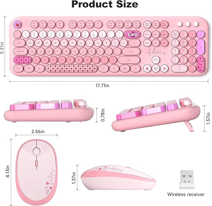 MOFII Wireless Keyboard and Mouse Combo, Full Size 2.4G Plug and Play Typewriter Retro Round Computer Keyboard and Mouse Set for Windows, Computer, Desktop, PC, Notebook - (Pink Colorful)-DeskLoop Office